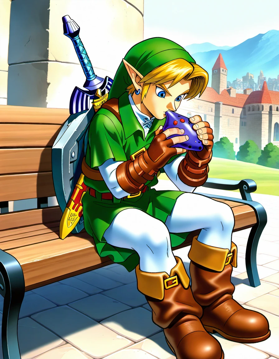 ootalink, 1boy, link, the legend of zelda: ocarina of time, official art, solo, ((playing ocarina, playing instrument)), ocarina, (ocarina of time:1.5), sitting, sitting on bench, city, european architecture, weapon on back, shield on back, male focus, full body, white pantyhose, white undershirt, layered sleeves, brown elbow gloves, brown fingerless gloves, brown knee boots, green pleated skirt, green tunic, collared shirt, green headwear, blue hoop earrings, masterpiece, best quality, absurdres, very artistic,<lora:ootalinkil:1>