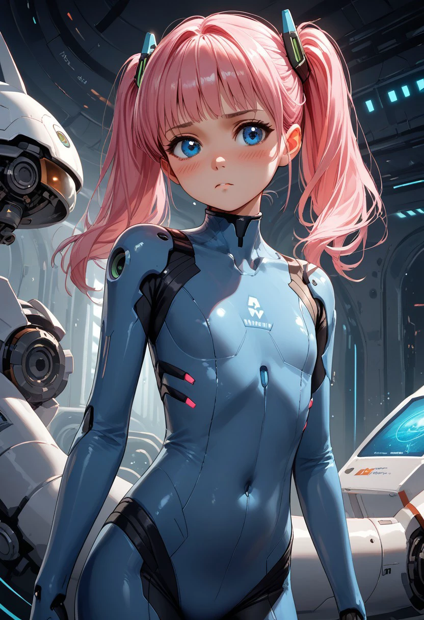 Score_9, score_8_up, score_7_up, score_6_up BREAK 1girl, solo, pink hair, twintails, blue eyes, skinny, flat chest, blue bodysuit, shy, blushing, looking away from viewer, mech pilot, mechanical background, futuristic, sci-fi, shiny, glossy, highly detailed, beautiful art, beautiful background, beautiful lighting