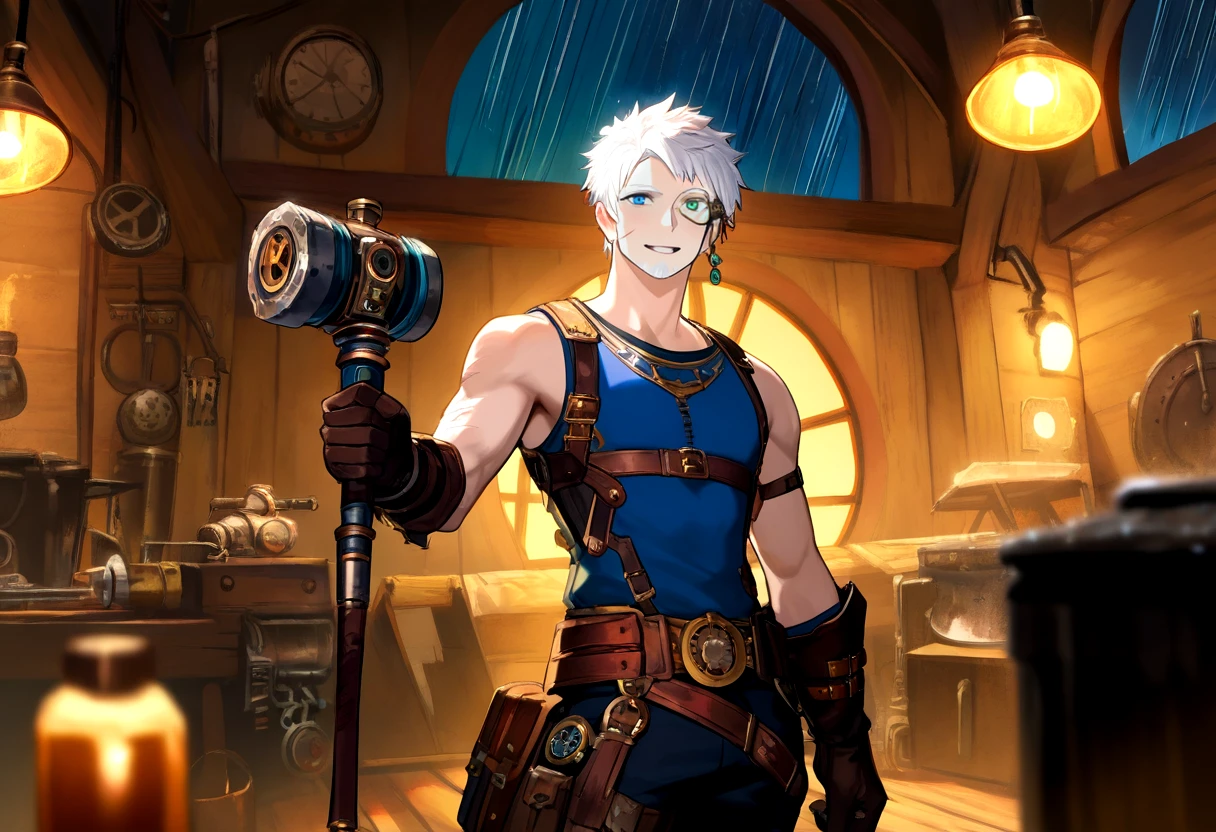 masterpiece, best quality, 1boy, solo, male focus,  facial tattoo, single earring, white hair, goatee, blue eye, heterochromia, white eye,  monocle, facial scars, ,  smile, pale skin,  short hair, older:0.5, cowboy shot, white shirt, sleeveless,  white eyebrows, <lora:rass-aaaaa-t2:1>,   rain, window,  night,  people,   fantasy, toned, workshop, steampunk, locomotive,  holding hammer,