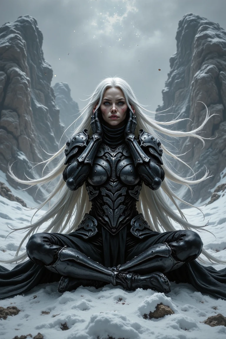 Against a dramatic grey backdrop, a woman with striking blonde hair sits poised on a gleaming white surface. Her long, straight locks cascade down her back like a river of moonlight. A black sweater with silver sequins catches the light, its intricate design shimmering like armor. Her legs are crossed, hands cradling her head as she embodies the strength and serenity of a warrior at rest.,north_rest