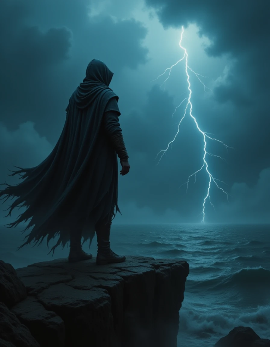 A lone figure standing on a cliff's edge, their tattered cloak billowing in the wind, overlooking a stormy sea illuminated by flashes of lightning. <lora:Epic_DarkStyle_fp8:1>