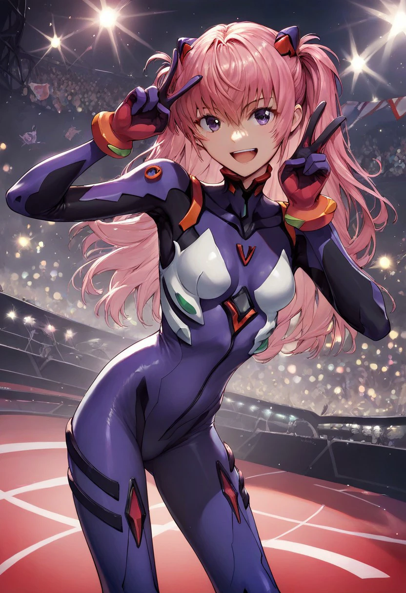 Score_9, score_8_up, score_7_up, score_6_up BREAK 1girl, pink hair, purple plugsuit, bodysuit, tight clothes, purple eyes, small breasts, peace sign, happy pose, weapon, stage, lights, crowds, highly detailed, beautiful art, beautiful background, beautiful lighting