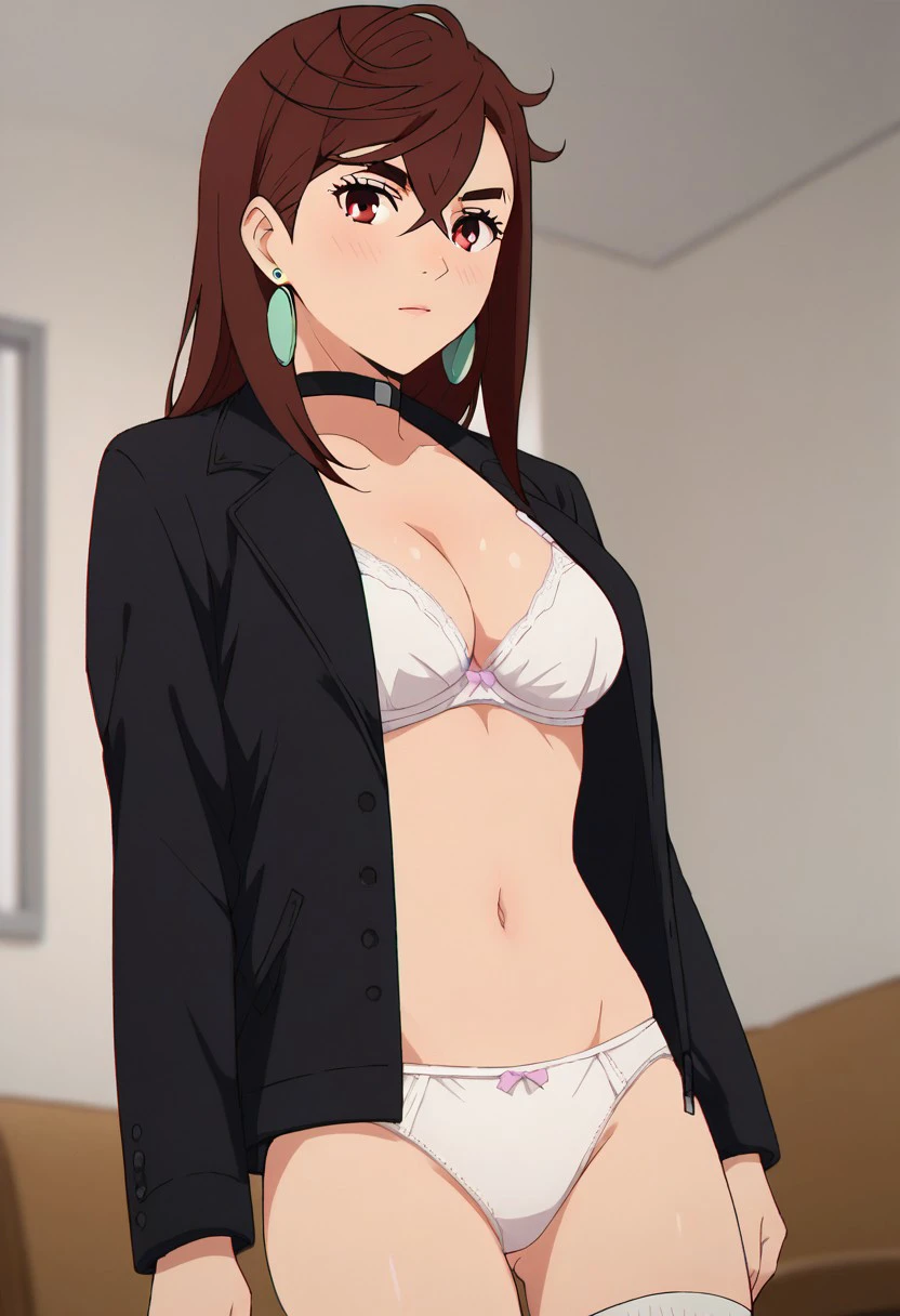 score_9,score_8_up,score_7_up,score_6_up,chromatic aberration,1girl,ayase momo,brown hair,red eyes,red hair,long hair, earrings,jewelry, choker,black choker, breasts,underwear,bra,white bra, panties,white panties, socks,white socks, jacket,black jacket,navel,cleavage,dark,under light,posing,sexy,indoors,living room,blurry, blurry background,cowboy shot, dutch angle