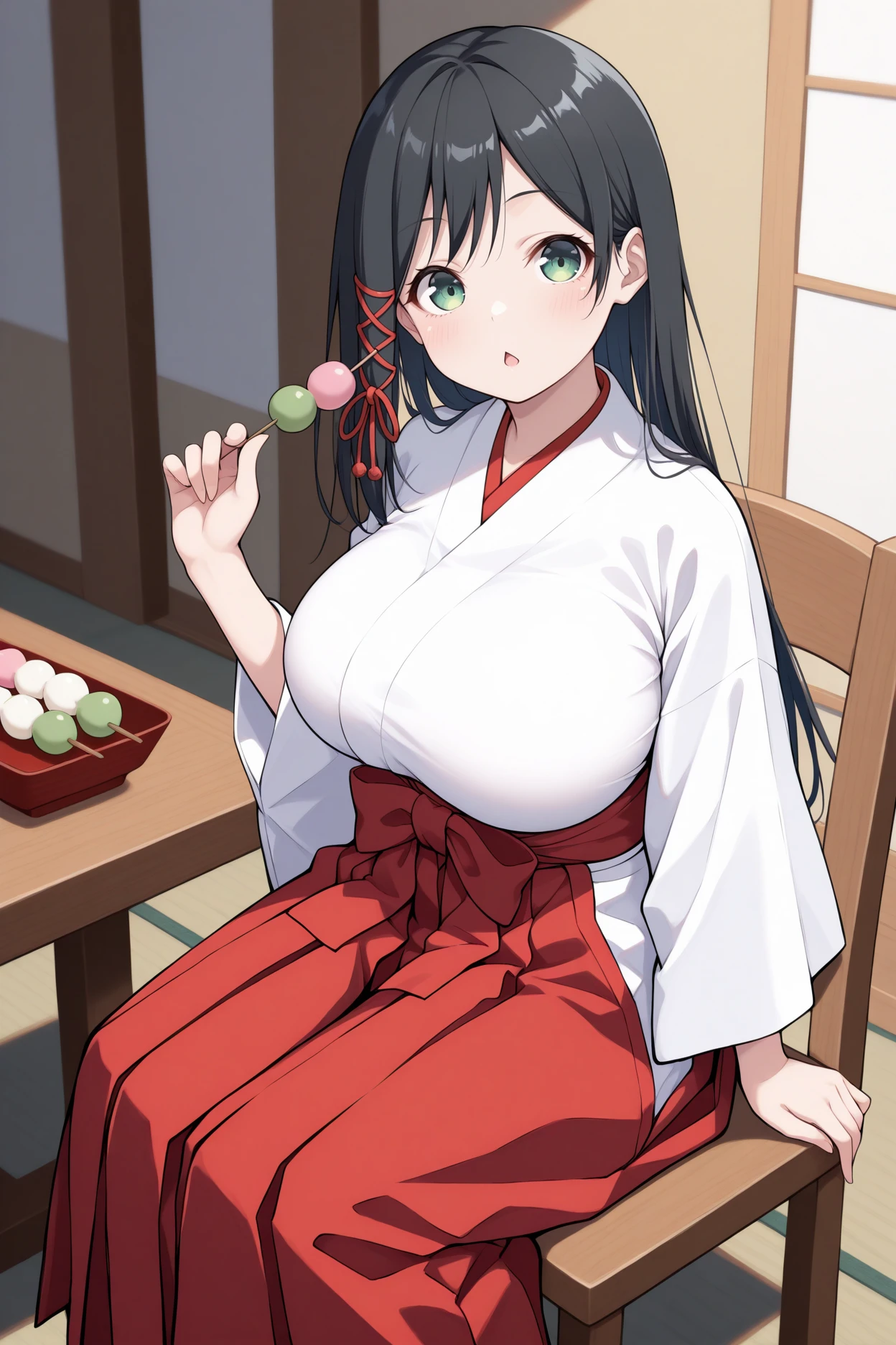 masterpiece, best quality, 1girl, solo, <lora:amagamiyae-illu-nvwls-v1-000006:1> amagamiyae, black hair, long hair, green eyes, hair ribbon, white kimono, red hakama skirt, wide sleeves, big breasts, holding dango, sitting, table, chair, chestnut mouth, blush, looking at viewer