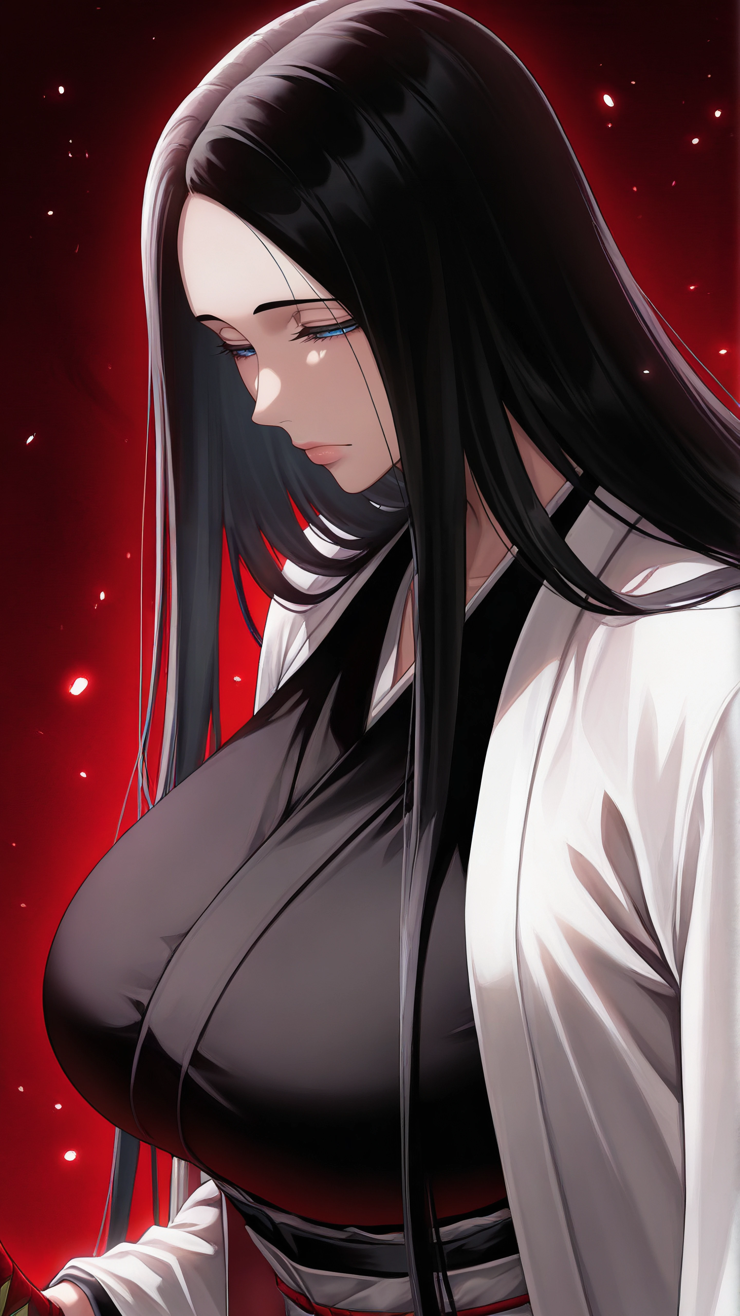 masterpiece, best quality, newest, 1girl,  from side, upper body, close-up, <lora:Lexaiduer_Artstyle_Illu_Dwnsty:0.6>
<lora:Unohana_Illu_Dwnsty:0.9>, unohana_tybw, blue eyes, black hair, very long hair, straight hair, forehead, black kimono, haori, long sleeves, wide sleeves, expressionless, narrowed eyes, 
large breasts, lips, androgynous, holding weapon, katana, posing,
abstract background, red background,  light particles,