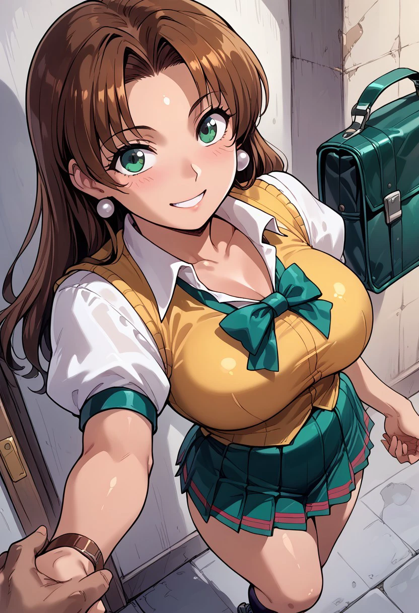 score_9, score_8_up, score_7_up, source_anime,mogudan,1girl,alone,smile,shiny_clothes,shiny_skin,five fingers,1 girl,large breast,Kisarahwestfield,long hair, brown hair, green eyes,parted bangs,from above,looking at vietwer,angle up, ,jewelry,pearl shaped earrings, school bag,school uniform, short puffed sleeves, white shirt, yellow vest, green bow on the chest, green skirt, pleated skirt, wristwatch,looking at vietwer,hand holding school bag,bare chest neckline,black socks,medium socks,shoes,