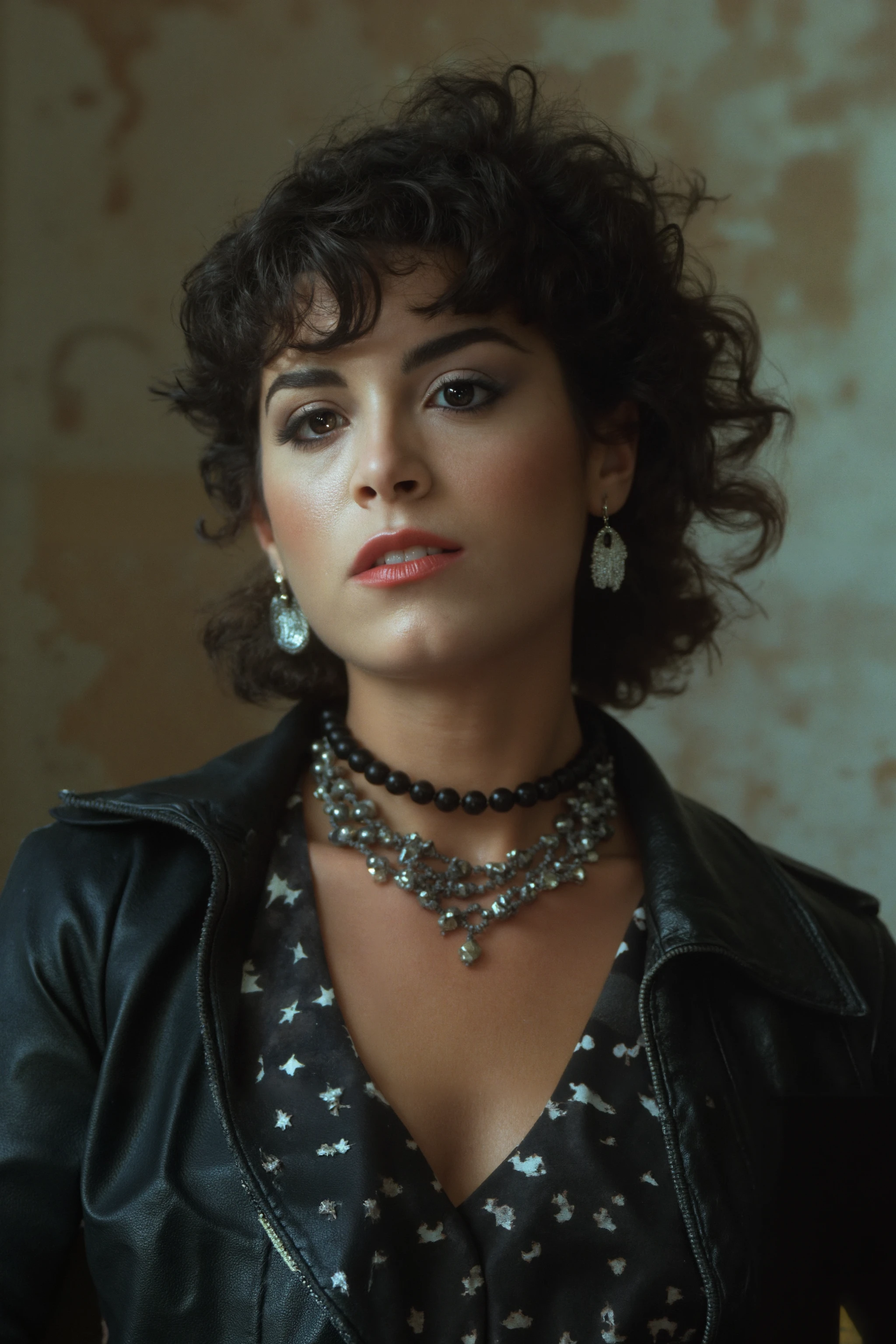 The image is a high definition photograph featuring a caucasian woman dressed as a punk hipster, background is textured wall lit with neutral light add beauty and depth. 