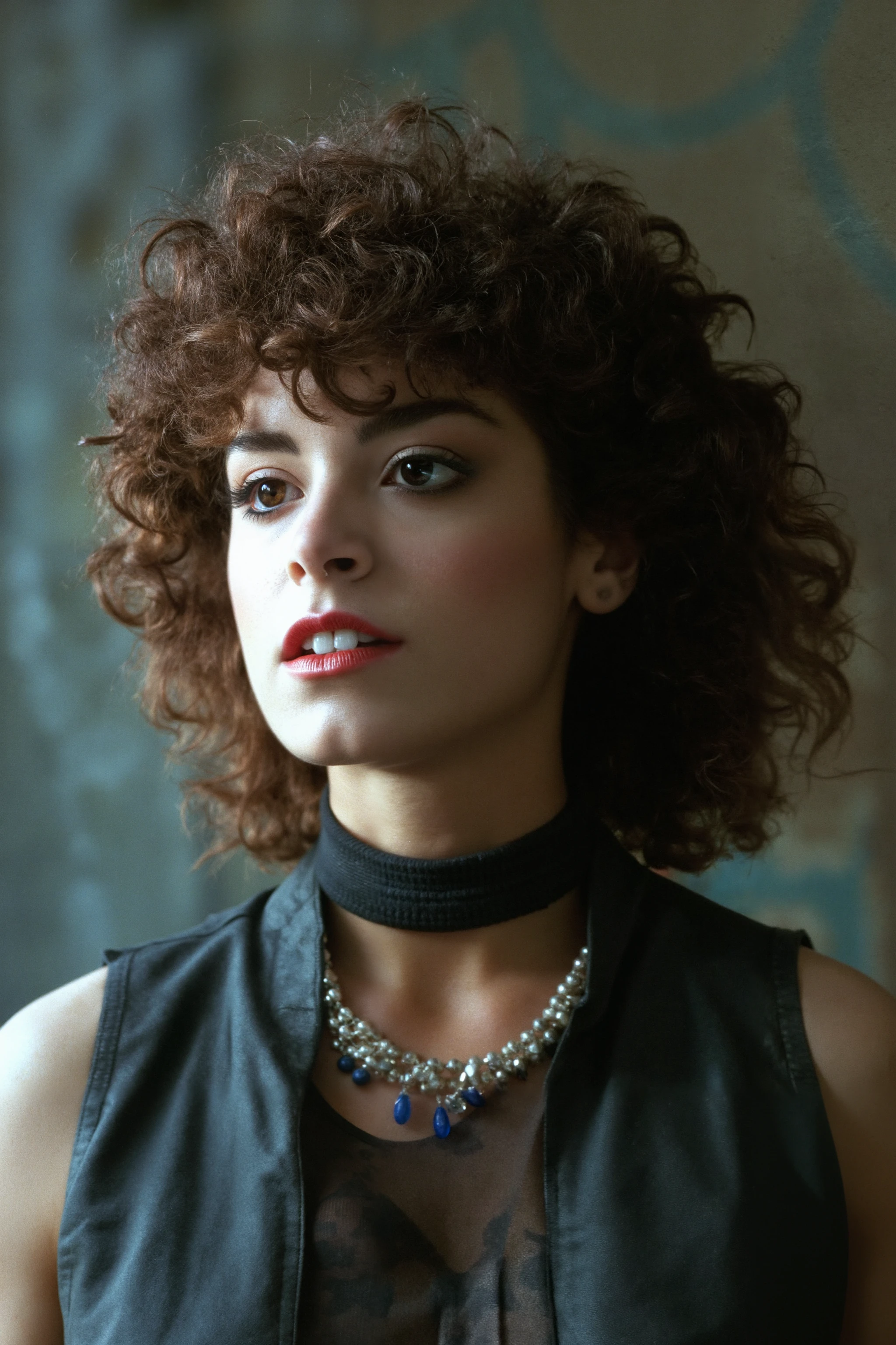 The image is a high definition photograph featuring a caucasian woman dressed as a punk hipster, background is textured wall lit with neutral light add beauty and depth. 