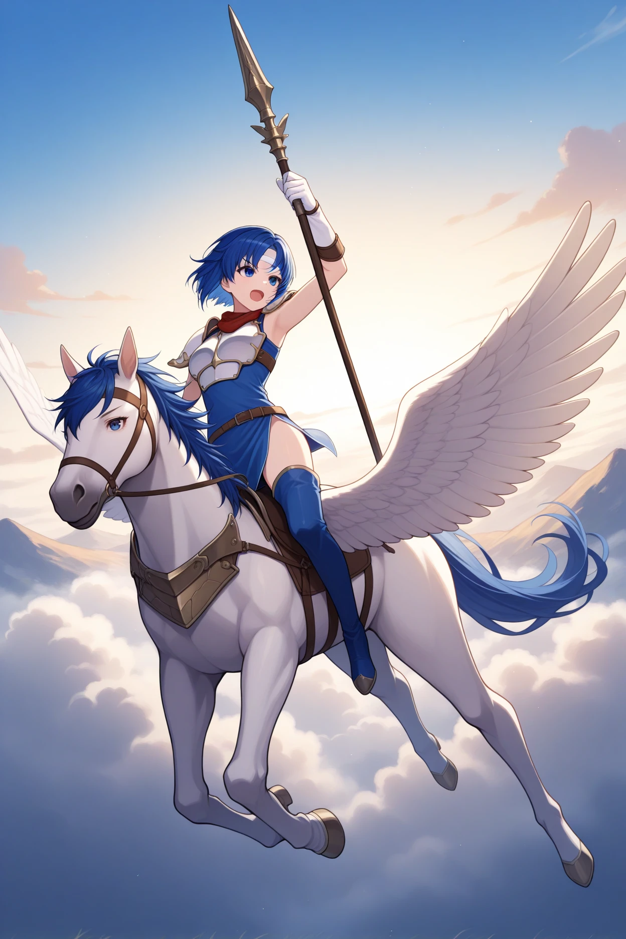 masterpiece, best quality, 1girl, solo,  <lora:fecatria-illu-nvwls-v1-000005:1> dfCt, blue hair, medium hair, blue eyes, white headband, white armor, sleeveless dress, blue dress, shoulder armor, red scarf, brown belt, long gloves, white gloves, blue thigh boots, riding on pegasus, winged horse, white horse, holding spear, serious, open mouth, happy, blue sky, clouds, wide shot, mountains, full body, dynamic pose, flying, midair, arm up