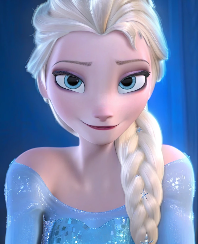 masterpiece, best quality, amazing quality, highres, absurdres, intricate detail, 3d, <lora:Elsa_Frozen_ILLUS-000009:1> , elsa33, 1girl, long hair, blonde hair, single braid, hair over shoulder, dress, long sleeves, bare shoulders, looking at viewer, portrait, smile,