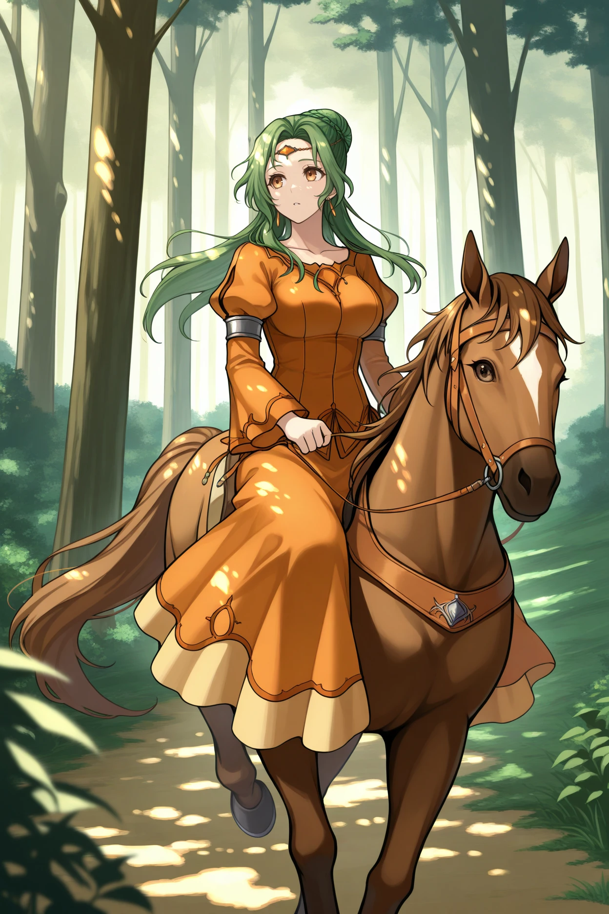 masterpiece, best quality, 1girl, solo, <lora:feelincia-illu-nvwls-v1-000006:1> ogElincia, green hair, hair bun, long hair, braid, brown eyes, forehead jewelry, earrings, collarbone, orange dress, puffy sleeves, long sleeves, yellow skirt, large breasts, riding brown horse, forest, dappled sunlight, wide shot, landscape, looking to the side