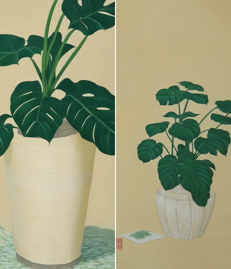 A Song Dynasty painting of a Monstera deliciosa,(Monstera deliciosa:1.1),Simple flower pot,(with its emerald green leaves:1.1),feathery cracks,perforated leaves,(broad leaf surfaces and elegant shapes:1.1),(Close-up of the leafs in the picture:1.3),(there is a soft brushwork outline of the painting:1.2),(dry and wet brushstrokes:1.1),The green leaves and the texture of the rice paper are integrated,gradual coloring in meticulous brushwork,(simple light yellow rice paper background:1.3),ultra-fine details,Oriental aesthetics,songyun,<lora:songyun-v3:0.8>,