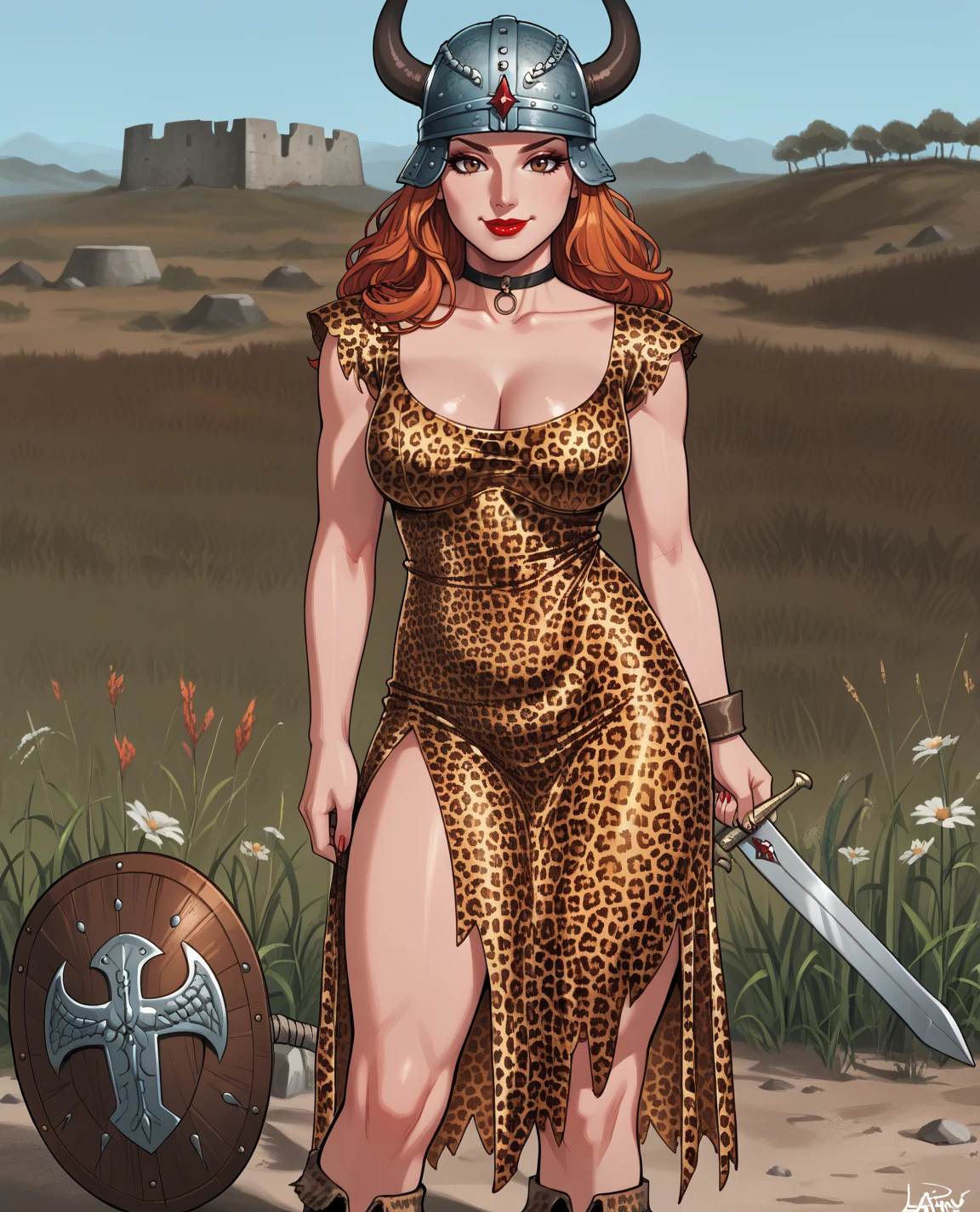 score_9, score_8_up, score_7_up, BREAK,
1girl,solo,choker,looking at viewer,large breasts,collarbone,cleavage,smile,lips,red lipstick,plains,
edgBarb, dress, brown eyes,weapon, boots, horns, sword, helmet, shield,wearing edgBarb_armor,leopard print,
 <lora:edgBarbarianPNY:1>