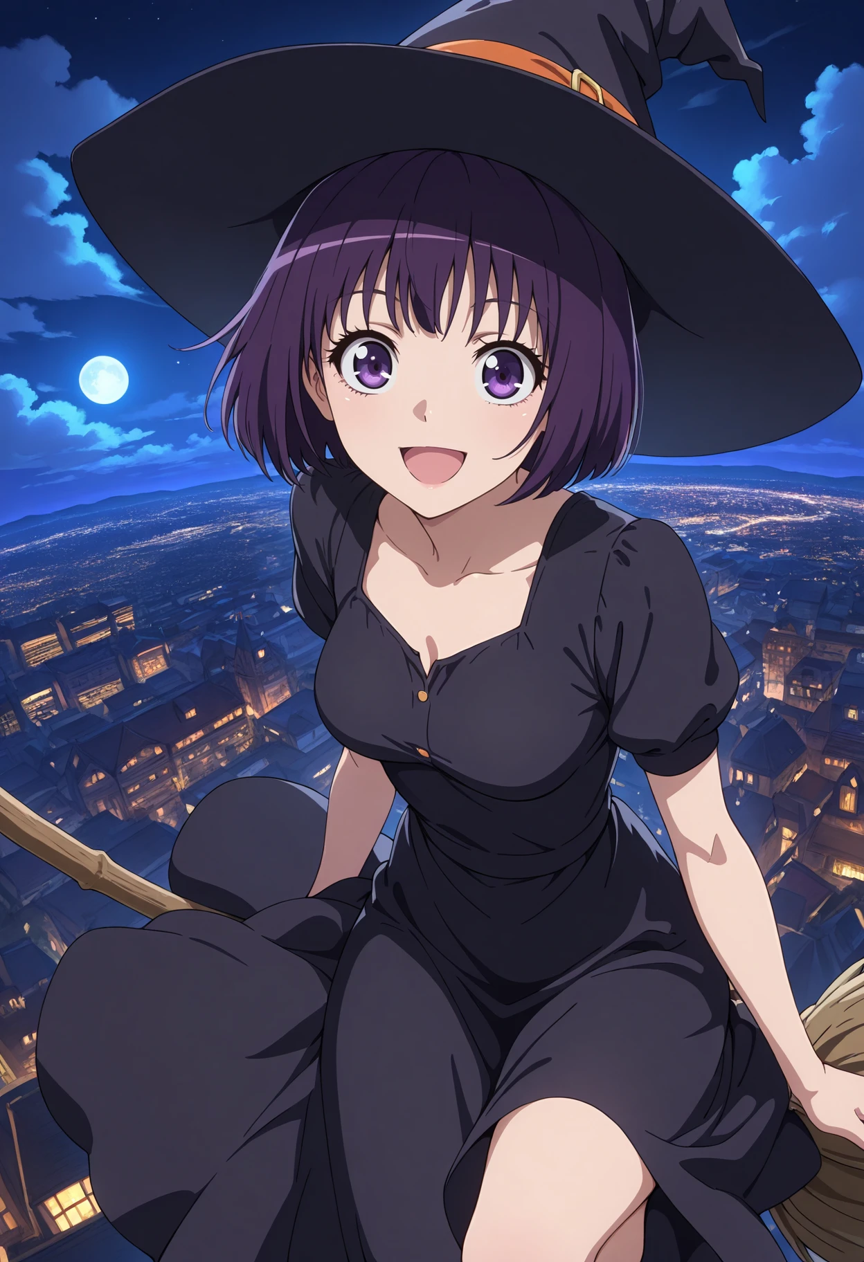 masterpiece, best quality, 1girl, solo,
<lora:Satsuki_Hyoudou_Kaichou_wa_Maid-sama_IL_V1:1>, KJOsatsuki, purple hair, purple eyes, short hair, 
witch hat, long black dress, 
broom riding, flying, smile, open mouth, looking at viewer, from above, 
night sky, cloud, moon, cityscape, 
(Beautiful, medium Breasts:1.2),