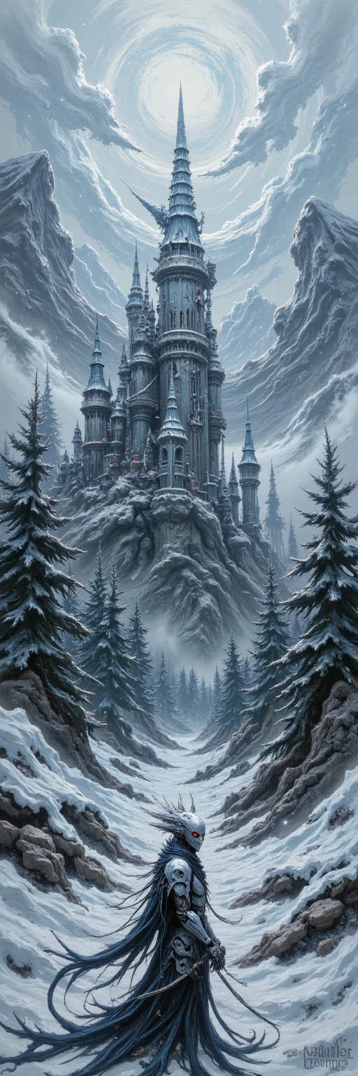 A fantastical oil painting of a towering, mystical castle, Frozen Majesty, stands regal amidst glacial grandeur, bathed in the soft, ethereal glow of aurora borealis. Brushstrokes bold and textured, reveal intricate details of frozen turrets and crystalline walls. Moonlit frosted trees and jagged ice shards glisten in the foreground, a stark contrast to the trash-encrusted, acrylic-coated Hanna-inspired background that serves as an unexpected juxtaposition. A kimono-clad figure, eyes aglow with mystical energy (eye_1), stands at the castle's base, surrounded by misty vapors and ancient runes, set against a backdrop of gome-style mysticism.,gome style, frozen,north_rest, warrior