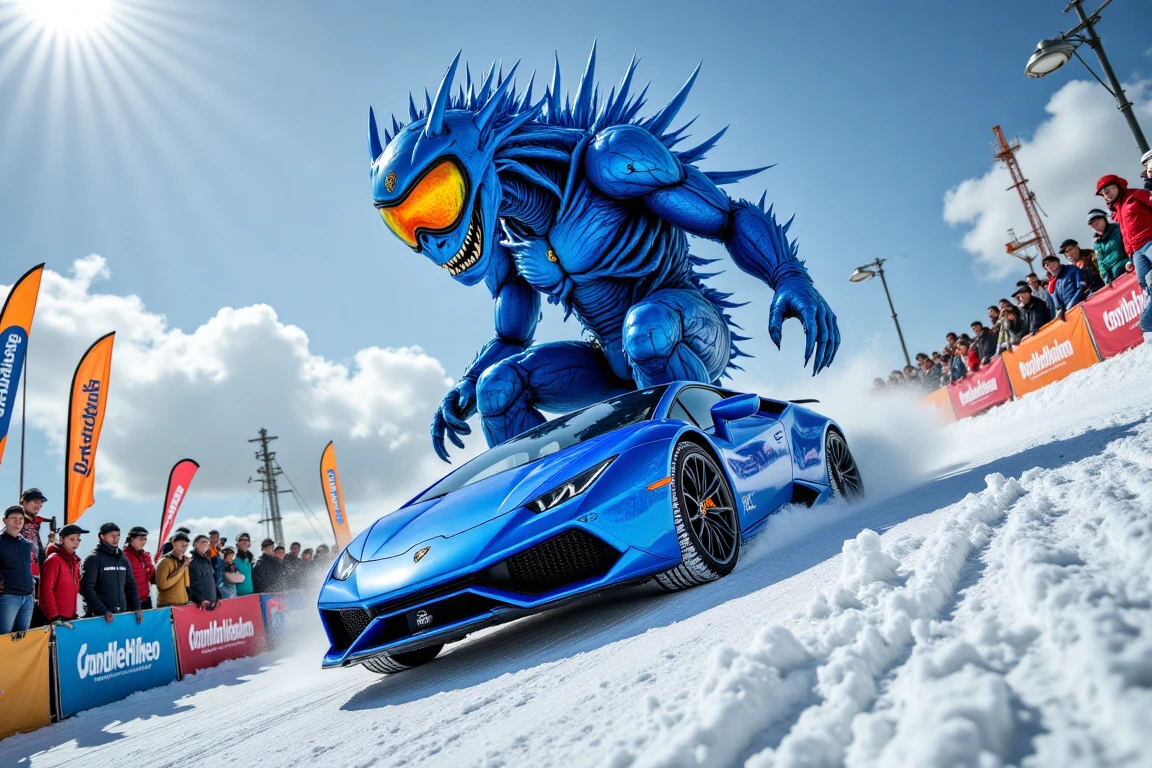 A massive blueton monster performing a freestyle snowboarding trick, using a full-sized Lamborghini car as its snowboard. The car, in its original shape, slides across the snow-covered halfpipe with the monster balancing effortlessly on top. A cheering crowd watches in amazement, vibrant flags and banners fluttering in the wind. The Lamborghini glimmers in blueton hues, complementing the monstrous and powerful presence of the rider.