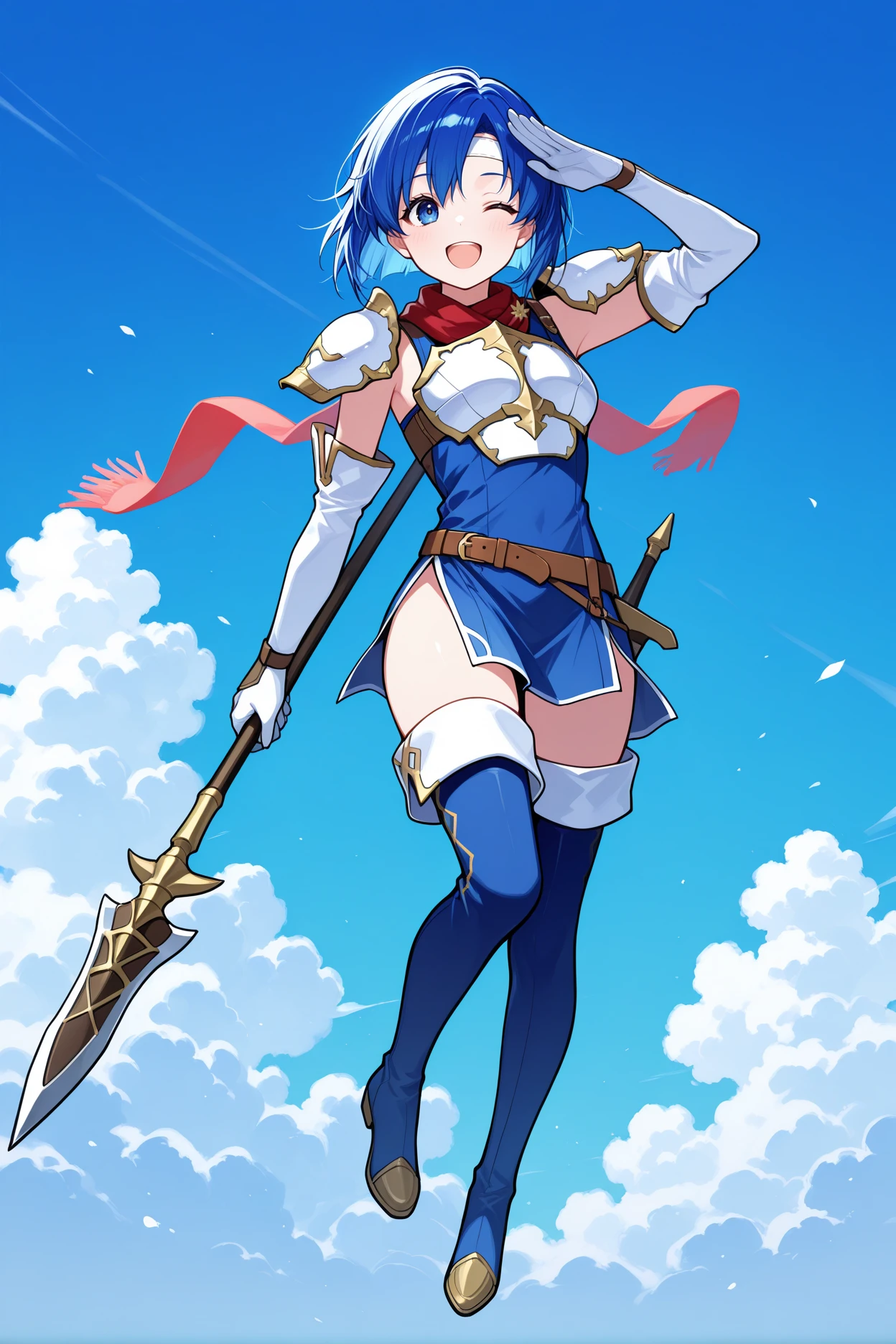 masterpiece, best quality, 1girl, solo, <lora:fecatria-illu-nvwls-v1-000005:1> dfCt, blue hair, medium hair, blue eyes, white headband, white armor, sleeveless dress, blue dress, shoulder armor, red scarf, brown belt, long gloves, white gloves, blue thigh boots, midair, full body, salute, happy, open mouth, wink, holding spear, blue sky, blue background, clouds