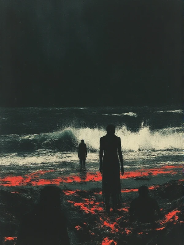 <lora:Dark_Style:0.9> dark style, horror, silhouette, a woman at the beach, rain