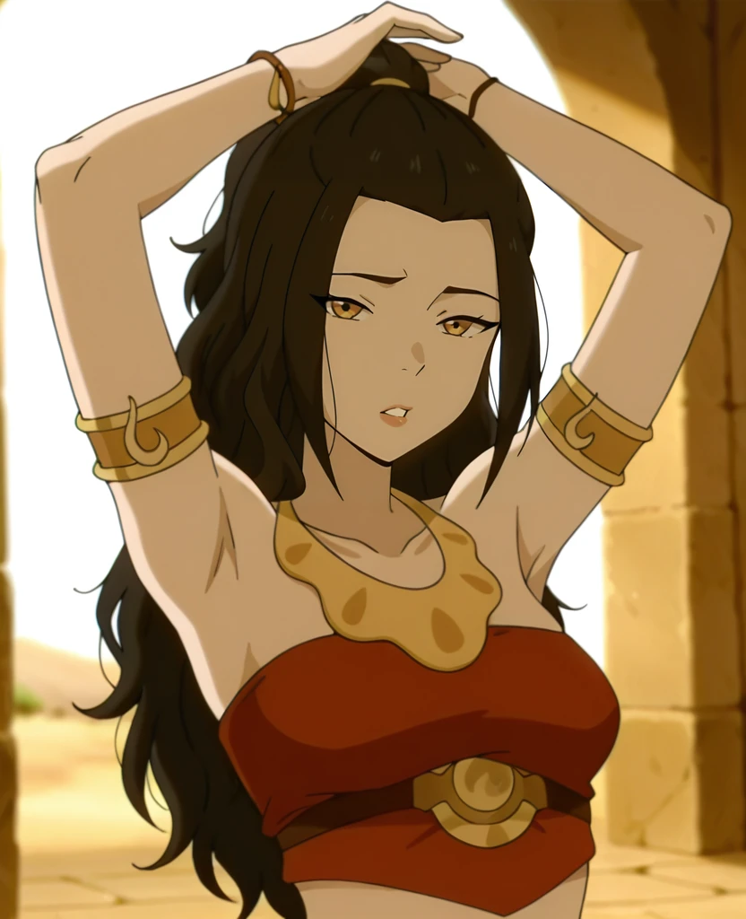 masterpiece, best quality, amazing quality, highres, absurdres, <lora:Azula_2_outfits_ILLUS-000009:0.9> , azul4, 1girl, solo, long hair, black hair, bare shoulders, ponytail, midriff, bracelet, wavy hair, necklace, armlet, crop top, looking at viewer,arms up, armpits,  portrait,