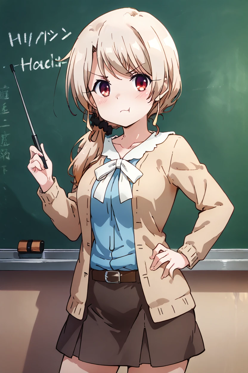 masterpiece, best quality, medium breasts, (curvy),  ,,, 1girl, :t, black scrunchie, black skirt, blue shirt, cardigan, chalkboard, contrapposto, cosplay, cowboy shot, ellen baker, ellen baker (cosplay), german text, hair ornament, hair over shoulder, hair scrunchie, hand on own hip, illyasviel von einzbern, indoors, light brown hair, long sleeves, looking at viewer, new horizon, pointer, polka dot, polka dot scrunchie, pout, red eyes, scrunchie, shirt, sidelocks, skirt, solo, standing, teacher, v-shaped eyebrows, white shirt, smile, looking at viewer,<lora:PrismaIllyaIXL_v2:1.0>,