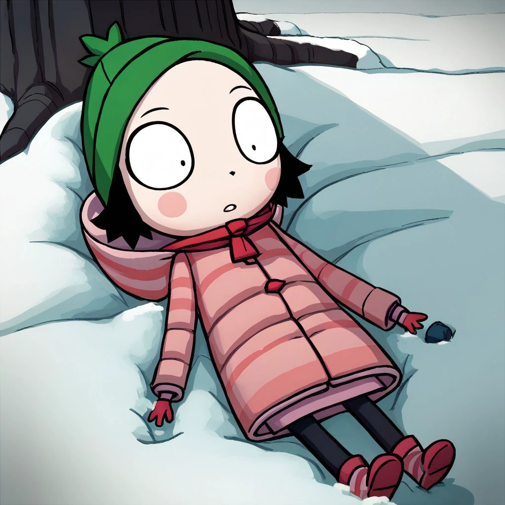 score_9, score_8, score_7, break, solo,sarah_ad, 1girl, beanie, black hair, short hair, blush stickers, coat, hood, pants, on back, snow, tree, natural lighting