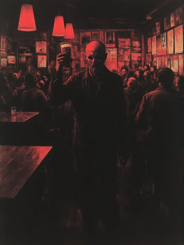 <lora:Dark_Style:0.9> dark style, horror, silhouette, a man holds a beer in a pub