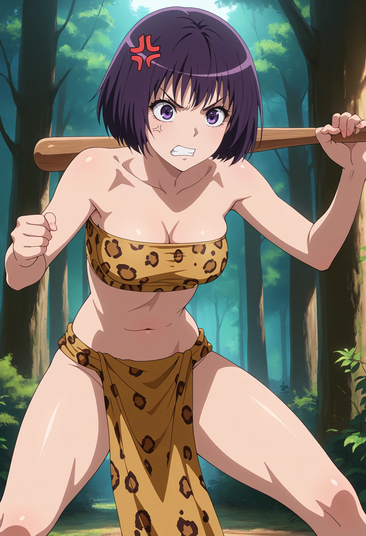 masterpiece, best quality, 1girl, solo,
<lora:Satsuki_Hyoudou_Kaichou_wa_Maid-sama_IL_V1:1>, KJOsatsuki, purple hair, purple eyes, short hair, 
leopard print, loincloth, tube top,
angry, holding wooden club, swinging, anger vein, charging forward, incoming attack, action pose,
forest, outdoors, tree,
(Beautiful, medium Breasts:1.2),