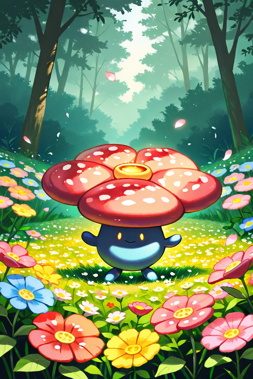 masterpiece, best quality,   Vileplume, solo, no humans, <lora:VileplumePokedexIXL:1.0>,   standing in a field of flowers, blooming meadow, vibrant petals, glowing pollen, soft breeze, gentle sunlight, whimsical, cheerful atmosphere, nature's beauty, peaceful scenery, colorful flowers