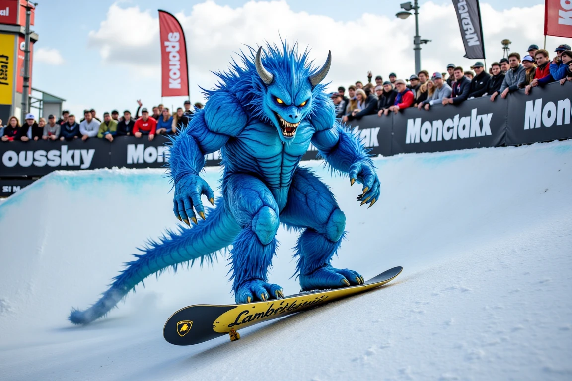 A massive blueton monster performing a freestyle snowboarding trick, using a full-sized Lamborghini car as its snowboard. The car, in its original shape, slides across the snow-covered halfpipe with the monster balancing effortlessly on top. A cheering crowd watches in amazement, vibrant flags and banners fluttering in the wind. The Lamborghini glimmers in blueton hues, complementing the monstrous and powerful presence of the rider.