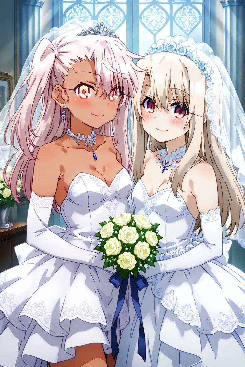 masterpiece, best quality, medium breasts, (curvy),  ,,, 2girls, chloe von einzbern, yellow eyes, pink hair, long hair, one side up, dark skin, illyasviel von einzbern, red eyes, white hair, long hair, red eyes,,, bride, wedding dress, bridal veil, strapless dress, elbow gloves, holding bouquet, smile, looking at viewer,<lora:PrismaIllyaIXL_v2:1.0>,