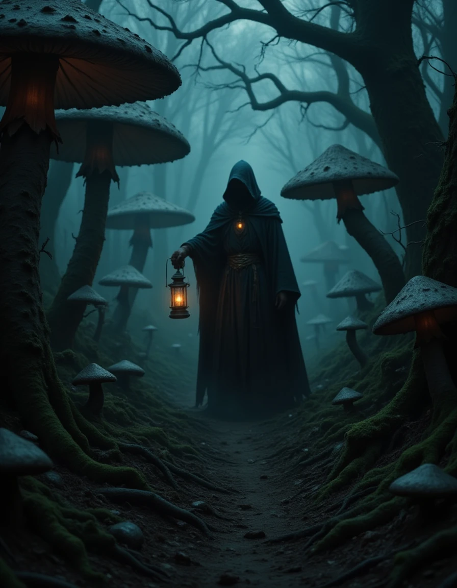 A dark fairytale forest with oversized mushrooms glowing faintly, tangled vines, and a mysterious hooded figure holding a lantern. <lora:Epic_DarkStyle_fp8:1>