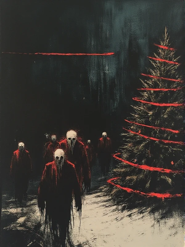 <lora:Dark_Style:0.9> dark style, horror, silhouette, sant claus carries gifts next to a chrismas tree