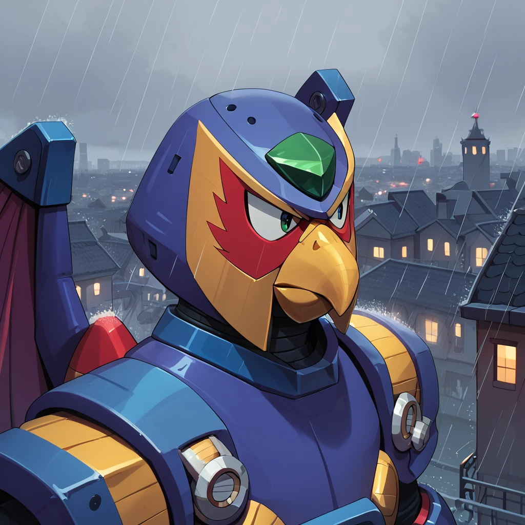 <lora:Storm_Eagle_Megaman_X_-_Pony_XL:1> Storm eagle, purple armor, beak, gloves, arm cannon, wings, rain, cityscape, rooftop, scifi, foggy, looking away, upper body, portrait, grey sky,, score_9, score_8_up, score_7_up, score_6_up, score_5_up, score_4_up, (masterpiece)