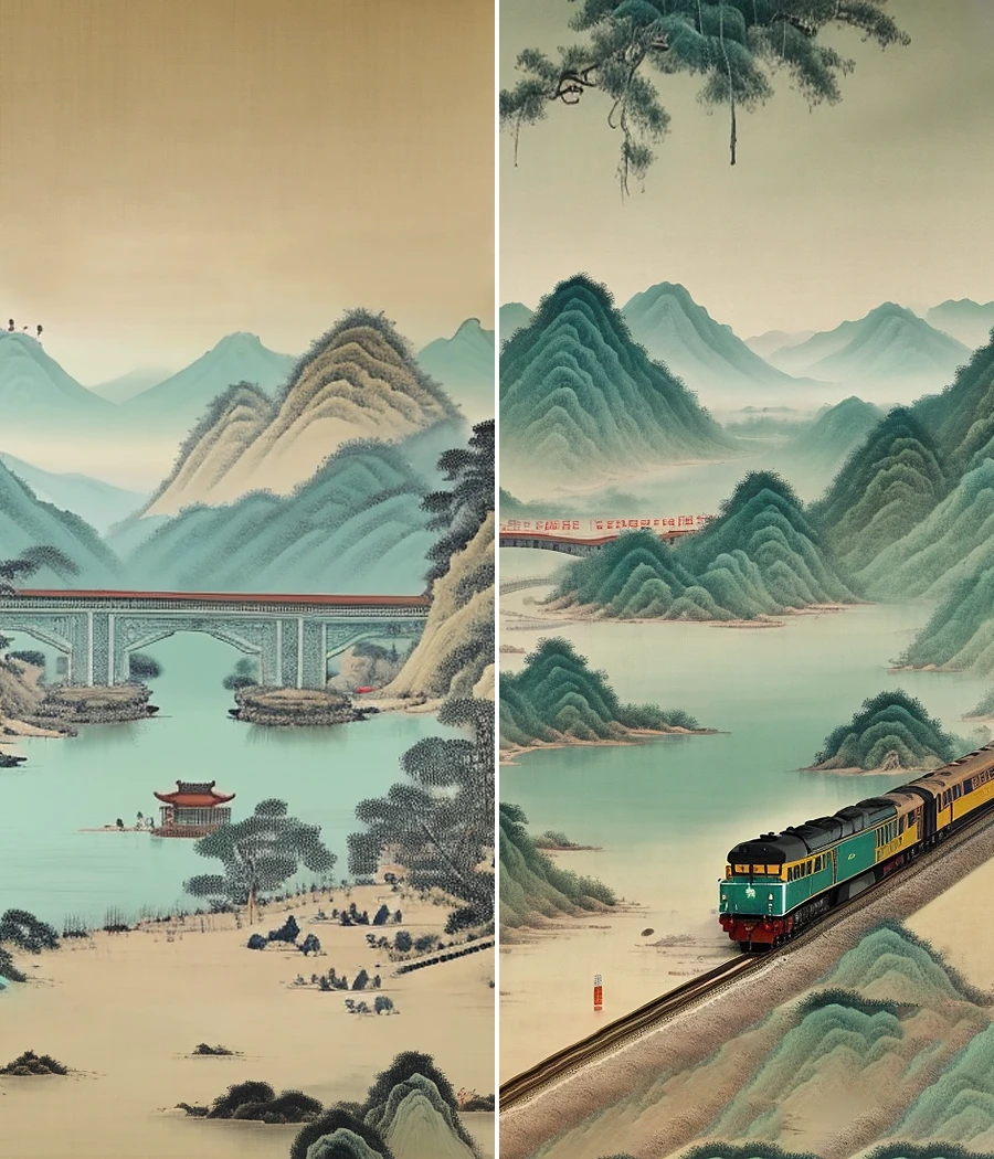 A Song Dynasty landscape painting,stone arch bridge,(lake:1.3),there are many Chinese buildings in the distance,Chinese aesthetics,Song Dynasty painter Ma Yuan,(Minimalist style:1.2),(Screen blank:1.3),Surrealistic Chinese architecture,cyan green and light rice tones,ultra-fine details,Oriental aesthetics,landscape painting,(Minimalist style:1.2),gradual coloring in meticulous brushwork,(simple light yellow rice paper background:1.1),songyun,<lora:songyun-v3:0.8>,