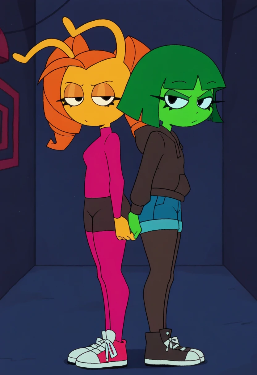 masterpiece, best quality, amazing quality, very aesthetic, absurdres, 2girls, white border, looking at viewer, back-to-back, outdoors, dark, night sky, city lights, (upper body, close-up, torso focus),
<lora:HandsUp!-IL:0.9> h4nd5up, ula, orange hair, yellow skin, twintails, twin drills, antennae, looking at viewer, back-to-back, wrap sweater, joggers, slip-on sneakers, pantyhose
h4nd5up, margo, green hair, green skin, pointy ears, short hair, bob cut, looking at viewer, back-to-back, black sneakers, hoodie, denim shorts, black pantyhose, pantyhose under shorts