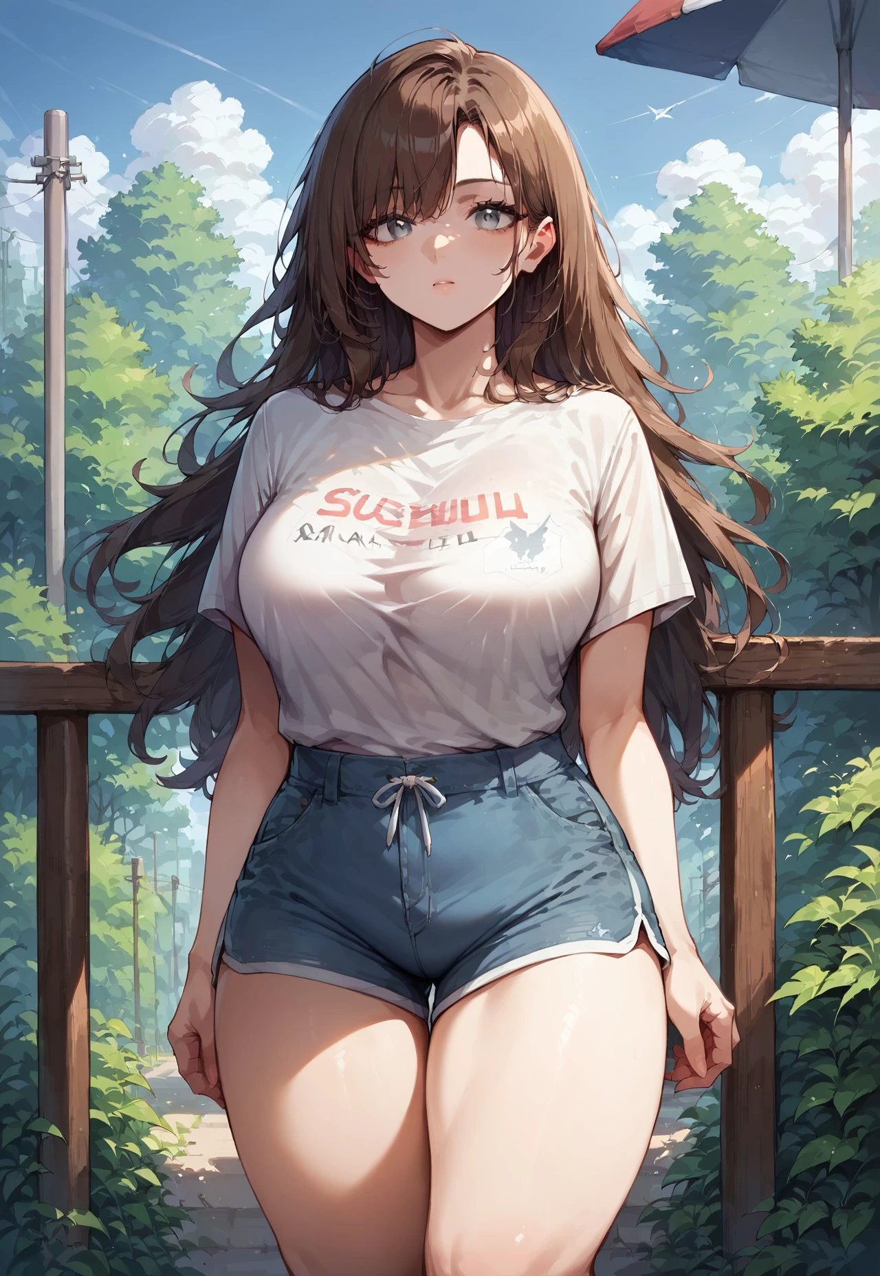 safe_pos, score_9, score_8_up, score_7_up, source_anime, rating_questionable, 1girl, grey eyes, brown long hair, T-shirt, shorts, big breasts, outdoors, better thighs