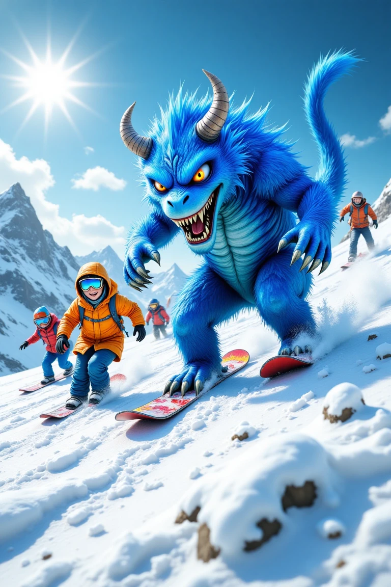 blueton monster, A playful snowboarding scene with a group of friends racing downhill, colorful jackets and gear contrasting against the pristine white snow, under a bright sunny sky.