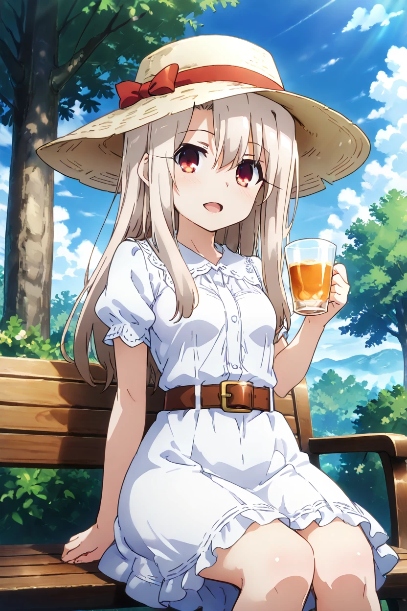 masterpiece, best quality, medium breasts, (curvy),  ,,, illyasviel von einzbern, 1girl, belt, blonde hair, blue sky, cloud, cloudy sky, cup, day, dress, hair between eyes, hat, headwear request, holding, holding cup,  long hair, open mouth, outdoors, red eyes, short sleeves, sidelocks, sitting, sky, solo, tree smile, looking at viewer,<lora:PrismaIllyaIXL_v2:1.0>,