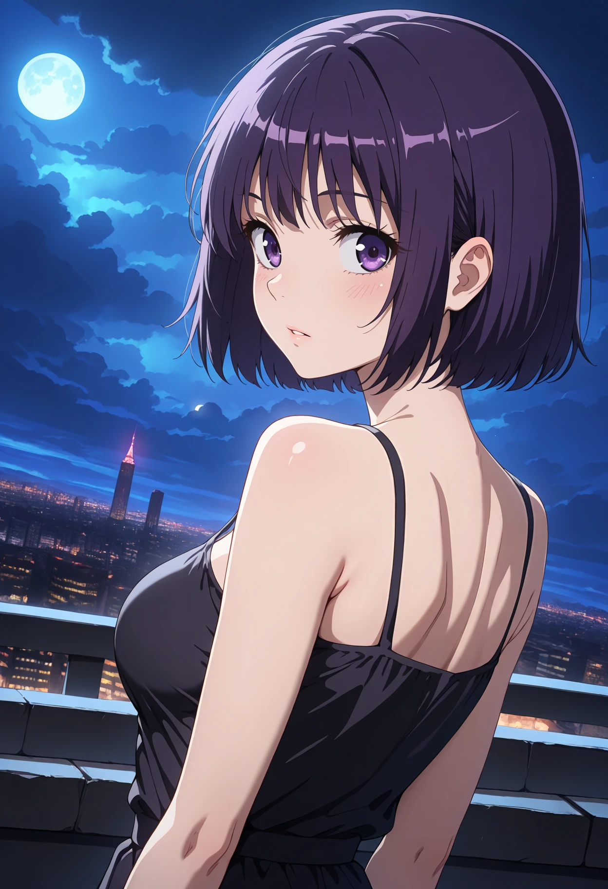 masterpiece, best quality, 1girl, solo,
<lora:Satsuki_Hyoudou_Kaichou_wa_Maid-sama_IL_V1:1>, KJOsatsuki, purple hair, purple eyes, short hair, 
black sundress, bare shoulders, 
expressionless, looking back, from behind,  parted lips, blush, dutch angle, 
city, night, cloudy sky, moon, 
(Beautiful, medium Breasts:1.2),