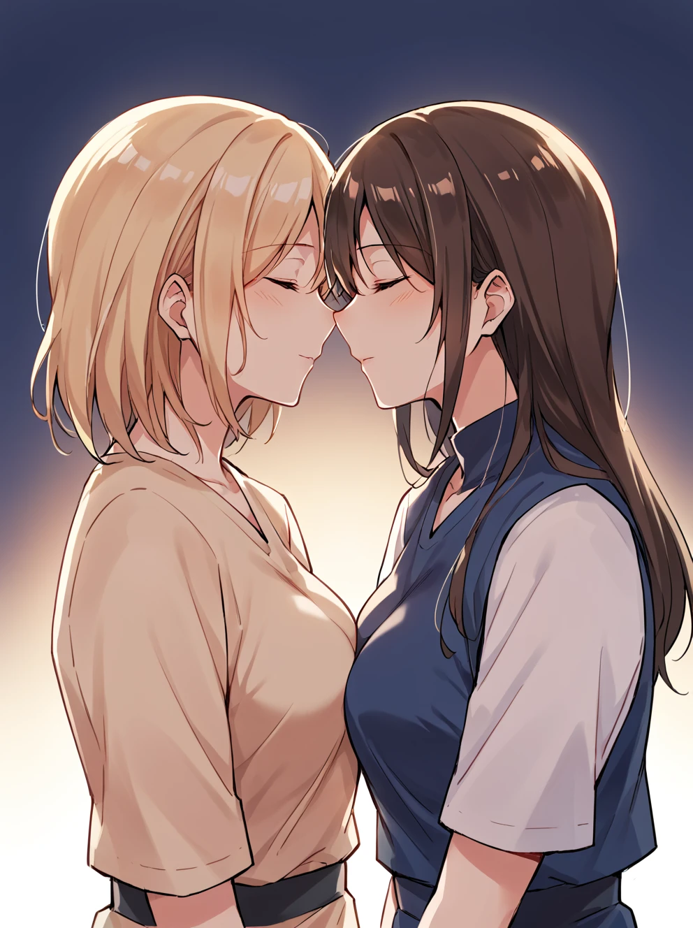 2girls, yuri, score_9, score_8_up, score_7_up, score_6_up, source_anime, anime, masterpiece, best quality, highly detailed, rim lighting,
nose_touch, nose_touching,  <lora:nose_touch:0.6>, nose_kiss,
 adult, mature medale, medium breasts,