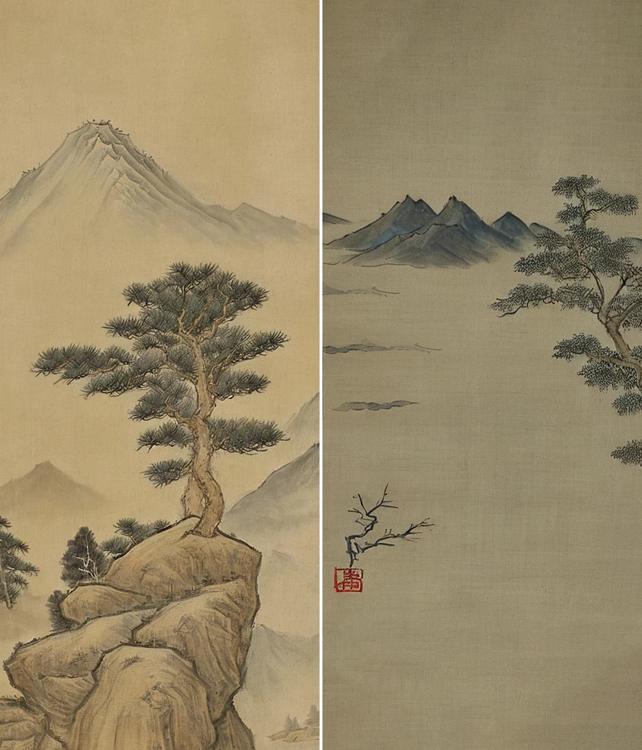 A Song Dynasty Chinese landscape painting,single tree as the main subject,(In the distance is a minimalist mountain background:1.1),detailed fine-brushwork,gradual coloring,inspired by Southern Song Dynasty painter Ma Yuan,centered composition,(Close-up of a pine tree:1.4),(Minimalist mountain background:1.2),(misty blank space:1.2),(simple light yellow rice paper background:1.2),ultra-fine details,Oriental aesthetics,Song Dynasty art style,<lora:songyun-v3:0.8>,