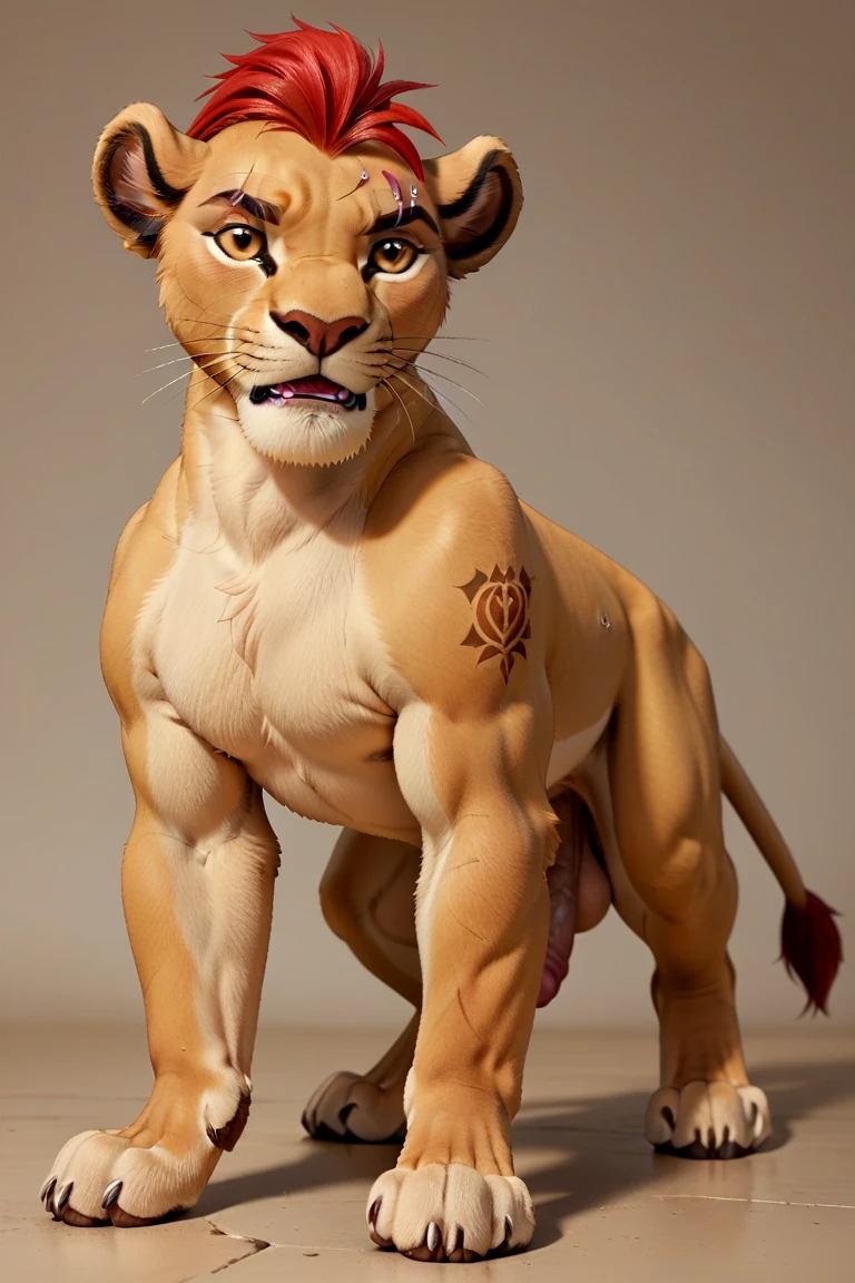 lioness, Nala, high resolution, realistic, Soft, 4K, upscales, high detail, Delicate fur, ((The tail in the right place)), green eyes, bedroom eyes, white sclera, lifted tail, hyper canine pussy, savanna, large eyes, presenting pussy, looking back at viewer, 1 lion tail, black canine pussy, dripping canine pussy, cub, young, laughing, detailed eyes, beautiful eyes, flat chest, small, squatting