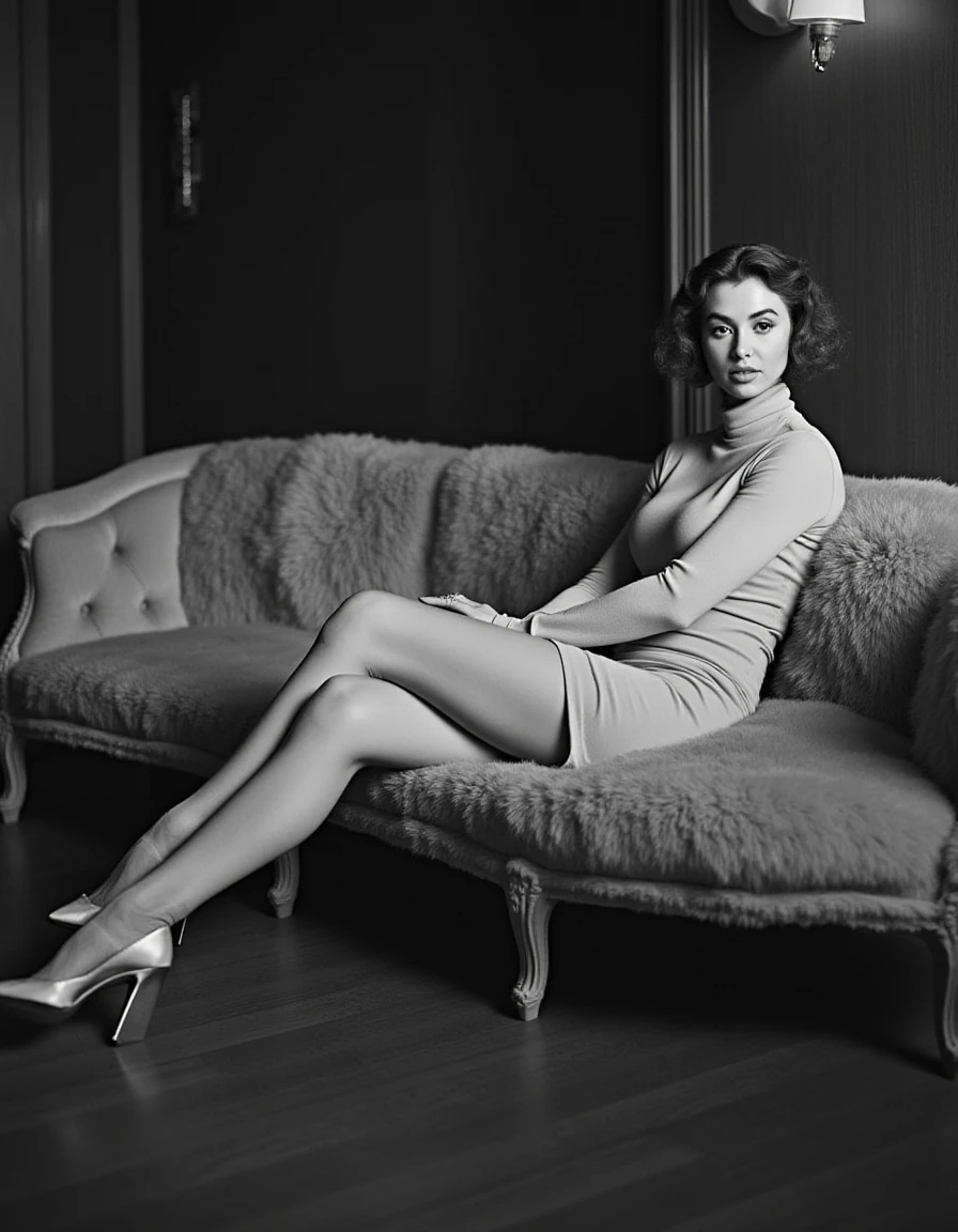 film noir style Photo of a glamorous woman lounging on a sumptuous sofa covered in expensive-looking fur, wearing elegant heels and matching stockings, gazing directly at the camera with an air of sophistication, subtle background blur to emphasize the subject, soft pastel colors. wearing a turtle neck sweater, <lora:valentina_fradegrada_dev_f1:1> . monochrome, high contrast, dramatic shadows, 1940s style, mysterious, cinematic