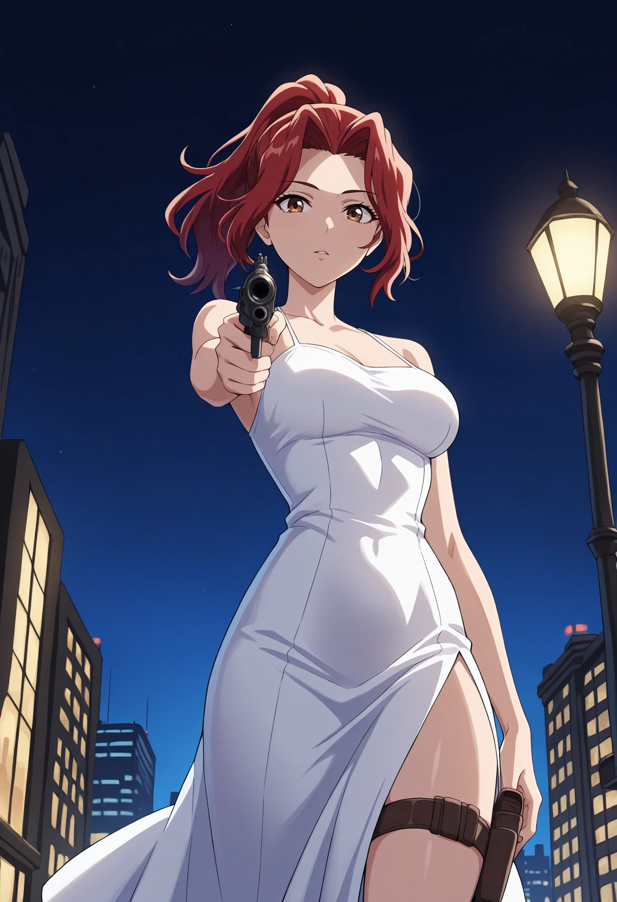 masterpiece, best quality, 1girl, solo,
<lora:Erika_Ono_Kaichou_wa_Maid-sama_IL_V1:1>, KJOerika, red hair, brown eyes, ponytail,  parted bangs, 
white white dress, thigh holster, side slit, bare shoulders, 
POV, pointing gun, expressionless, from below, looking at viewer, parted lips, aiming,
city, night, lamppost, 
(Beautiful, medium Breasts:1.2),