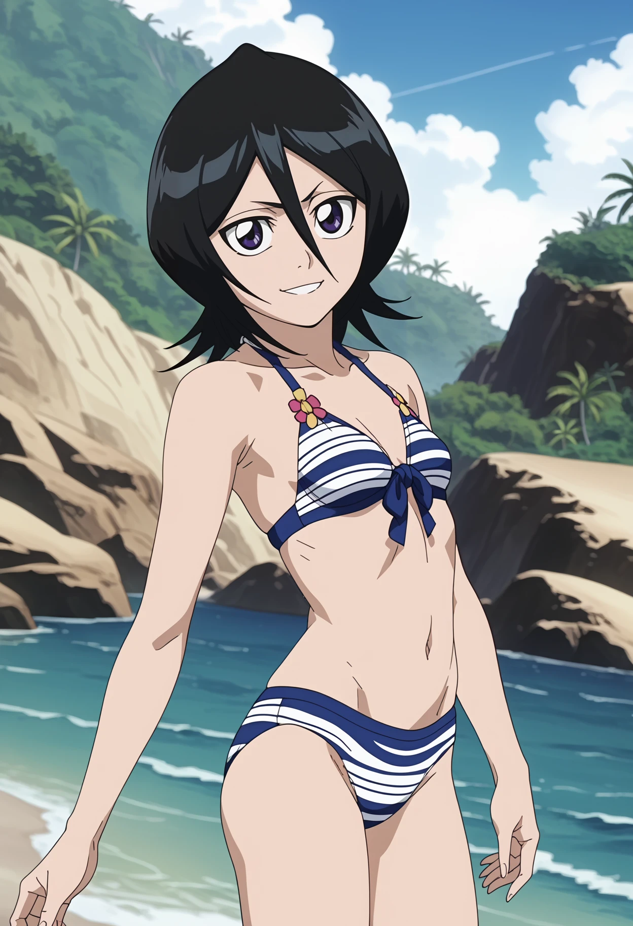 (masterpiece), best quality, 8k,(neuro-sama),(flat chest),fullbody,frilly bikini skirt, blue bikini,frilly bikini top,standing straight,beach,smiling,1girl,facing viewer,