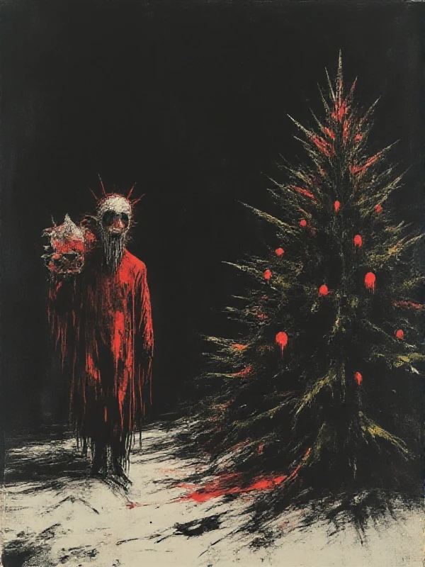 <lora:Dark_Style:0.9> dark style, horror, silhouette, sant claus carries gifts next to a chrismas tree