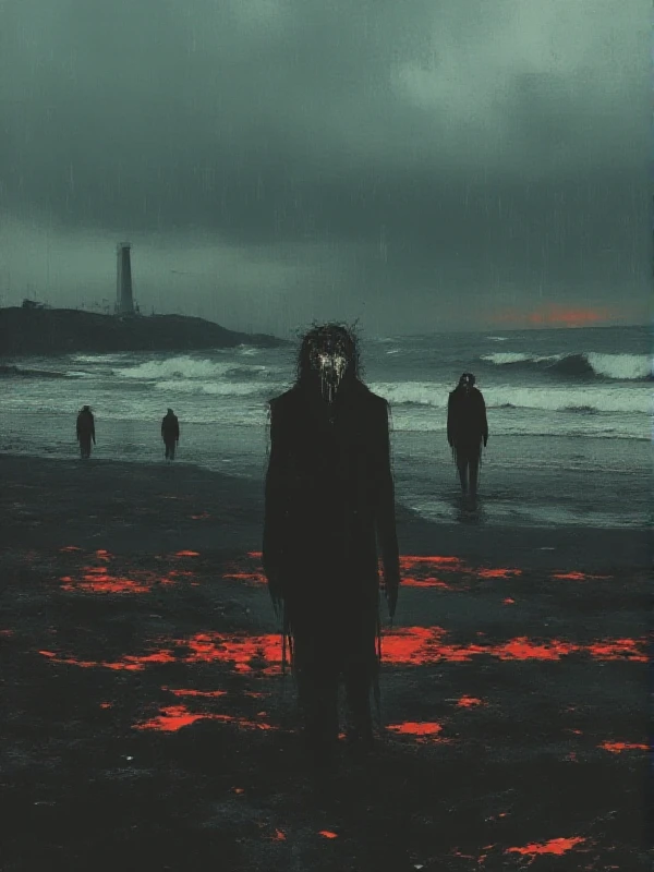 <lora:Dark_Style:0.9> dark style, horror, silhouette, a woman at the beach, rain