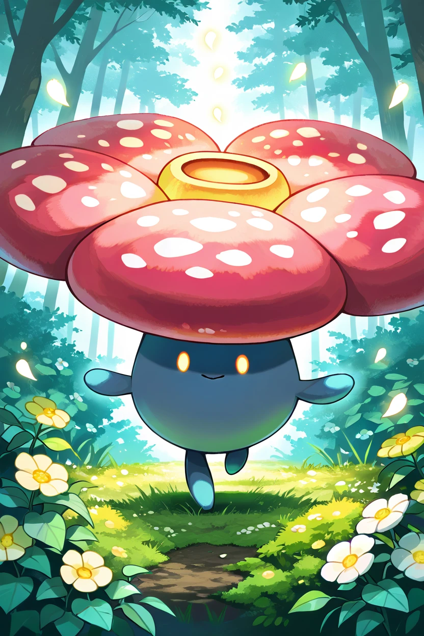 masterpiece, best quality,   Vileplume, solo, no humans, <lora:VileplumePokedexIXL:1.0>,  giant flower, glowing petals, lush forest, dense foliage, sparkling sunlight, soft mist, magical atmosphere, serene, vibrant colors, protective stance, flower guardian, ethereal glow