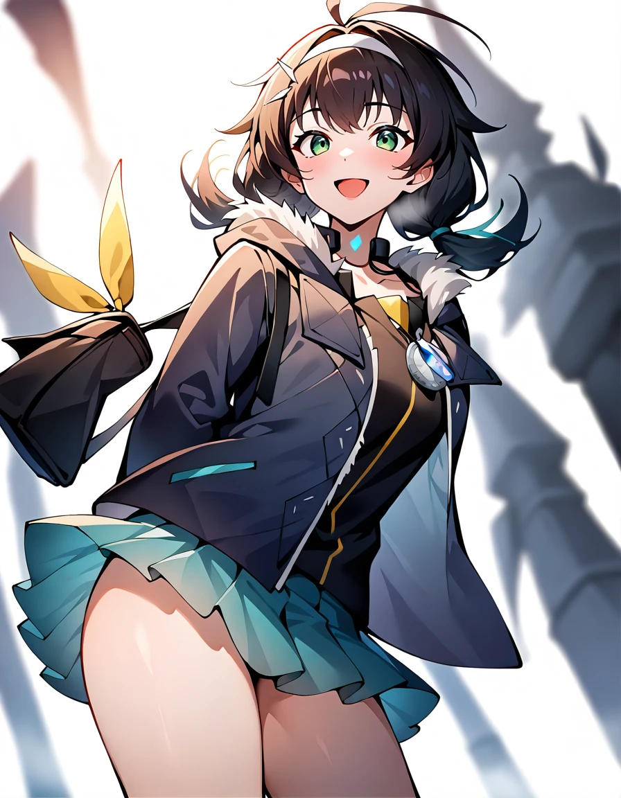 <lora:faniya_noob2:1>,faniya, 1girl, solo, anotherstyle, green eyes, skirt, jacket, bag, open mouth, smile, white background, hairband, pleated skirt, looking at viewer, backpack, shirt, 2dfaniya, bangs, simple background, twintails, black hair, brown hair, long hair, :d, fur trim, ahoge, black shirt, low twintails, open clothes, collarbone, arms behind back, cowboy shot
masterpiece,best quality,very aesthetic,absurdres,