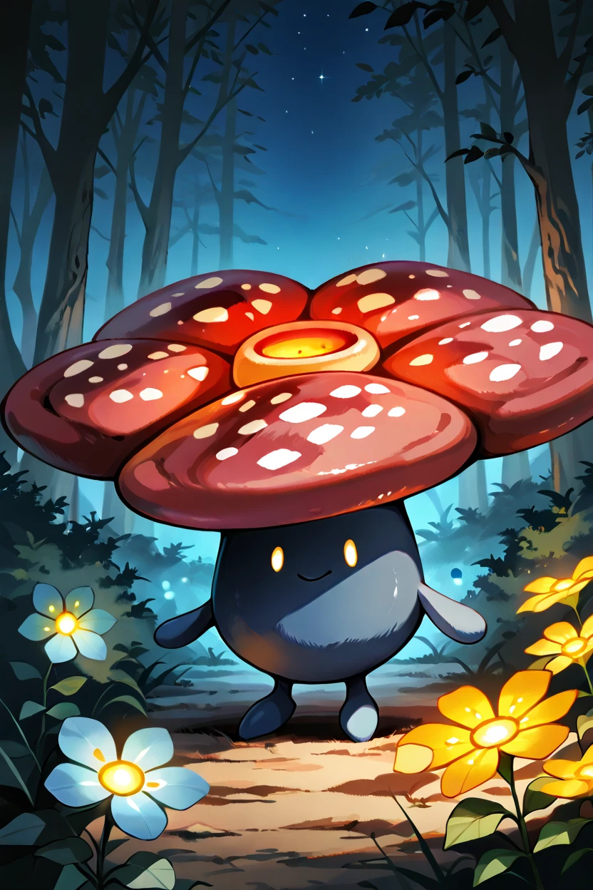 masterpiece, best quality,   Vileplume, solo, no humans, <lora:VileplumePokedexIXL:1.0>,      glowing flower, nighttime forest, bioluminescent spores, moonlit clearing, sparkling mist, magical atmosphere, dark yet serene, subtle glow, mysterious, enchanting scene